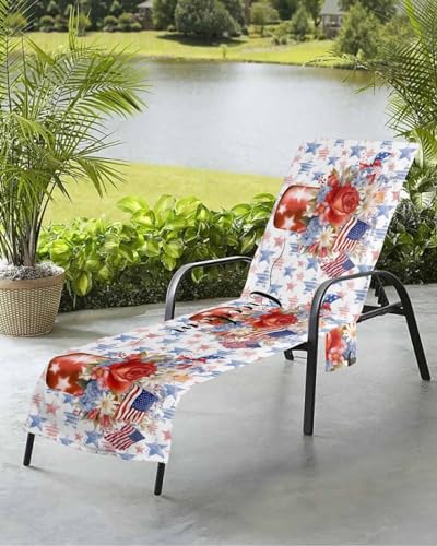 Stripes Stars Flag Beach Chair Towel Covers for Chaise Lounge with Side Pocket, Soft Plush Pool Towels Cover for Patio Sunbathing Outdoor 29''x85'' 4th of July Spring Summer Floral