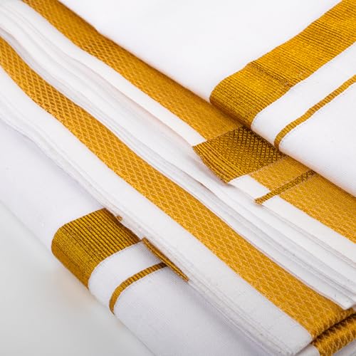 Dhoti indien traditionnel blanc en coton avec grande bordure - 3