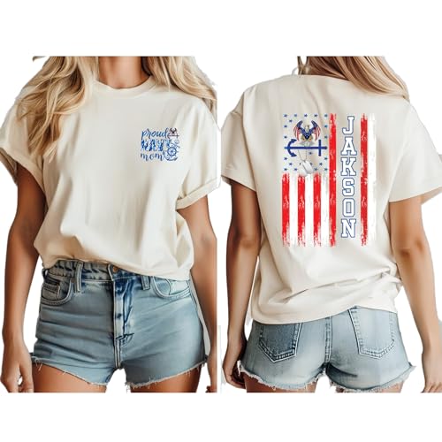 Custom Proud Navy Mom Dad Shirt, Personalized Military Mom Wife Sister Brother T-Shirt, USA Flag Back, Gift for Navy Families, Army Maatching Shirt4