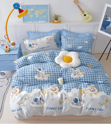 Image of Filymore Kids Double Bed Sheet Set - Cartoon Space Fun Day Theme, 240 TC Soft Microfiber Bedsheet, Astronaut Design, 2 Pillow Covers, 90x90 Inch Double Bedspread, Blue White & Grey