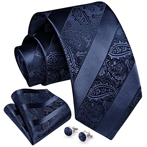 Image of Enlision Mens Ties Stripe Tie and Pocket Square Set Classic Formal Woven Neckties Handkerchief Cufflinks Wedding