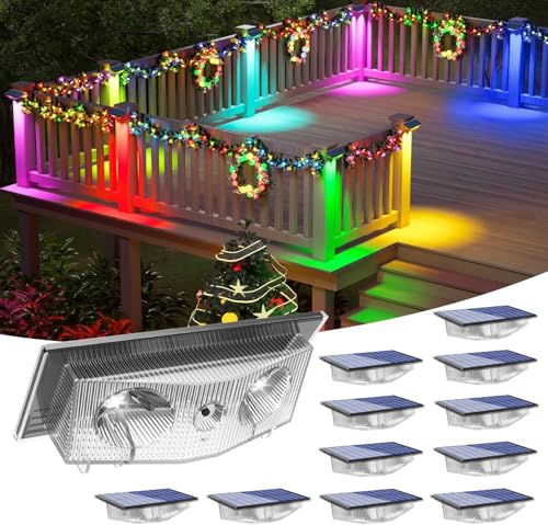 CREPOW Solar Fence Lights, Fence Light Solar Powered with 6 RGB Colors & Warm White & Cool White, Waterproof Bright Backyard Fence Solar Outdoor Lights for Outside Deck Wall Step Patio Pool(12 Packs)