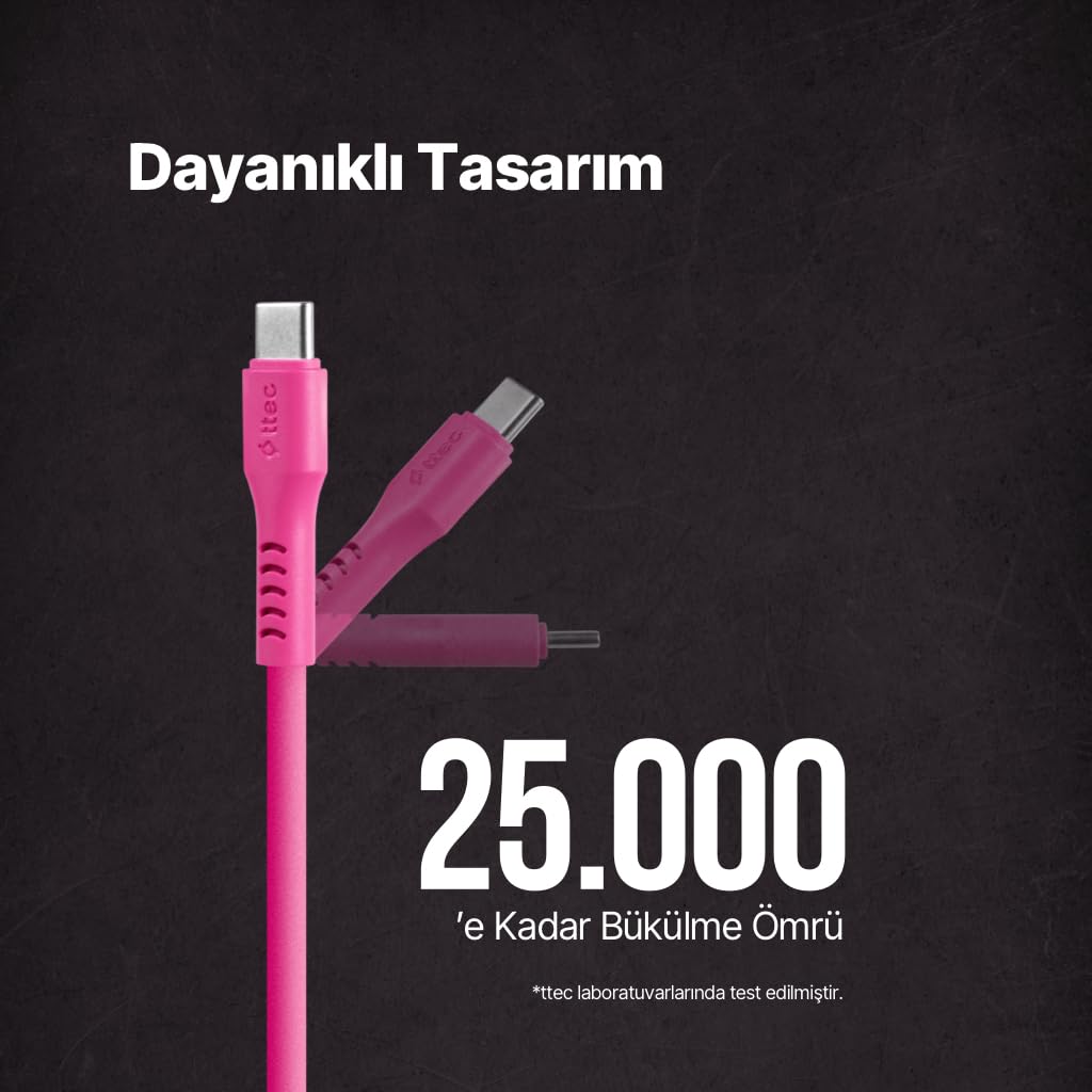 ttec USB-C - USB-C 120cm 60W PD/QC Hızlı Şarj/Data Kablosu Neon 2DK59N (Neon Pembe)