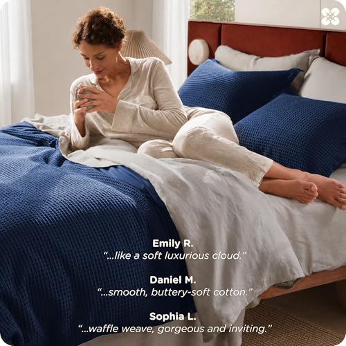 Image of Bedsure Cotton Duvet Cover Set - 100% Cotton Waffle Weave Navy Duvet Cover Oversized King Size, PureWoven Breathable Bedding Set for All Season, 3 Pieces, 120 inchx98 inch
