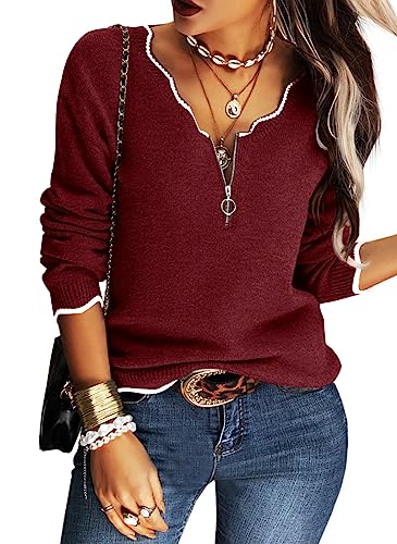 Image of Hongqizo Women's V Neck Long Sleeve Sweater Half Zipper Knit Sweater Casual Cricket Stripe Jumper Pullover Knit Tops