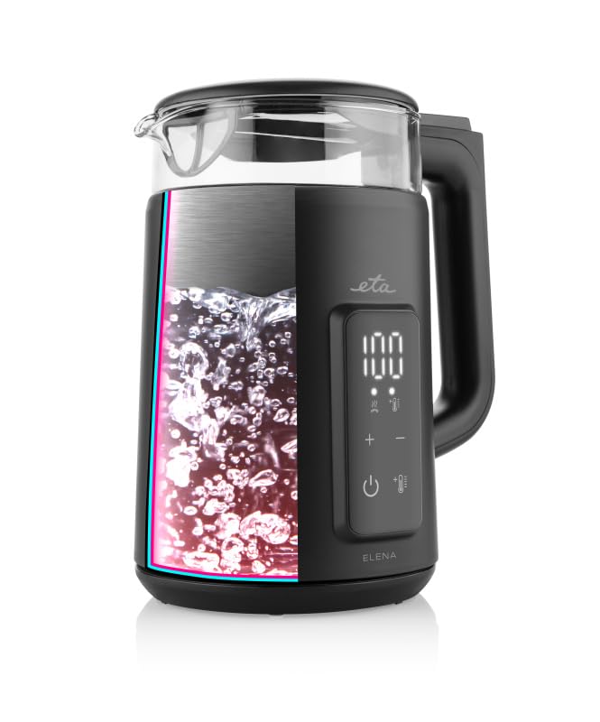 ETA Hervidor de agua de cristal Elena I 2200 W I 1,7L I Control de temperatura I Indicador digital de temperatura I Soporte 360° I Elemento calefactor oculto I Negro I Doble pared