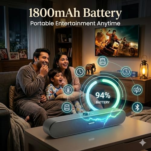 Image of UNICRON TE Wireless Sound Bar Portable Bluetooth Home Speaker, 16W with up to 8Hrs Playback, 1800 mAh Battery, Soundbar with Type C, USB & SD Card Connectivity