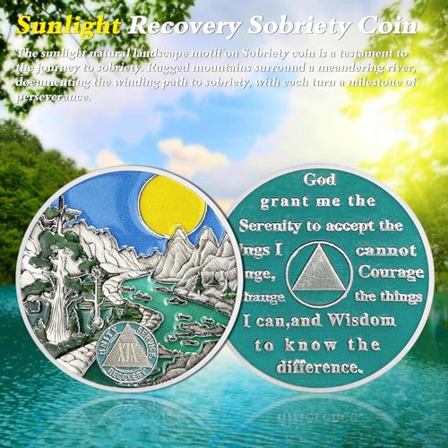 Image of Sunlight 19 Year Sobriety Coin - Recovery 19 Year AA Coins - Serenity Prayer NA AA Chips and Medallions - 1-65 Prime Living Clean Sober Token - Narcotics Alcoholics Anonymous Gifts for Men Women