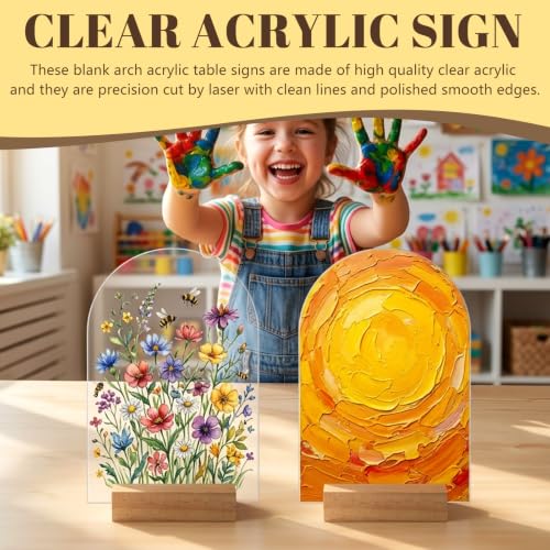Image of Bercoor 15 Pack 4x6 Inch Blank Clear Arch Acrylic Sign with Wooden Stands, Arched Round Top Acrylic Sheet, DIY Acrylic Arch Table Numbers for DIY Name Card Gifts Event Party Sign Decoration