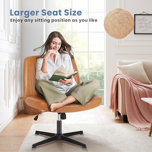 Image of DUMOS Criss Cross Chair No Wheels, Wide Seat Cross Legged Office Desk Vanity Chair, Faux Leather Armless Height Adjustable Swivel Task Computer Chairs for Home, Study, Brown PU