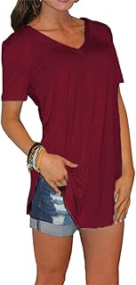 Women's V Neck Curved Hem Shirts Casual Solid Loose Blouse T-Shirt