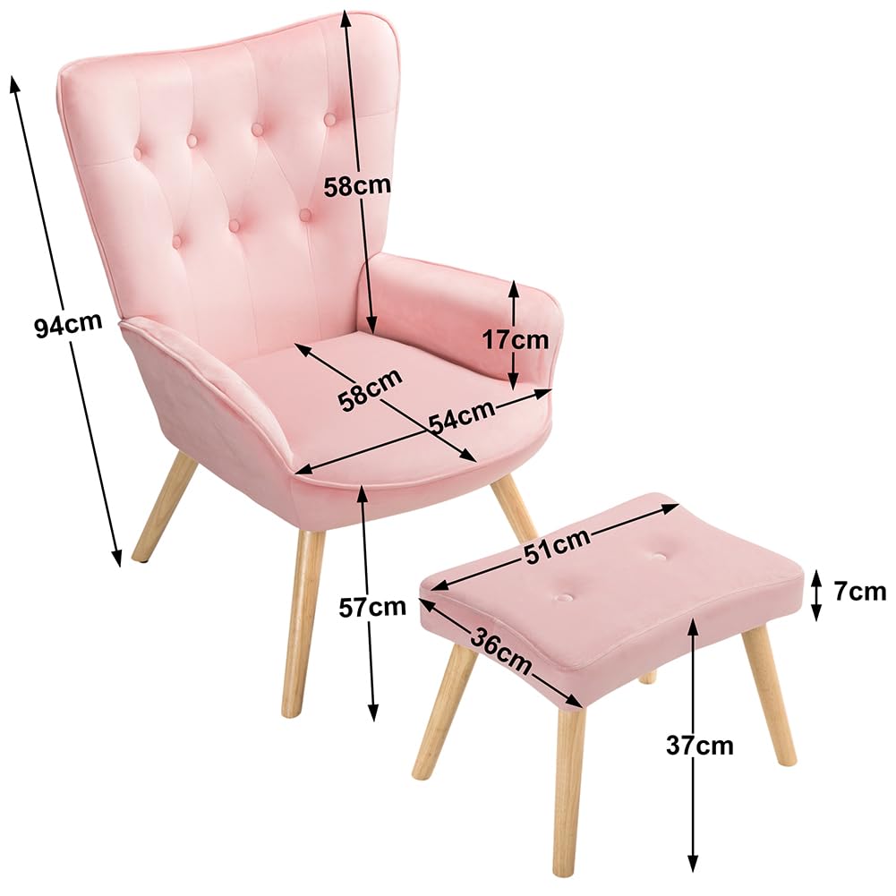 BAKAJI Poltrona con Sgabello da Soggiorno, Poltroncina con Pouf Poggiapiedi da Salotto, Sedia per Camera da Letto Imbottita con Rivestimento in Velluto Morbido, Braccioli Alti, Design Moderno (Rosa)