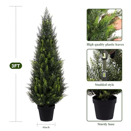 Image of Artificial Cedar Topiary Trees, 3 FT UV Resistant Faux Boxwood Plants,Front Porch Decorations Outdoor,Realistic Evergreen Cypress for Patio Decor Set of 2