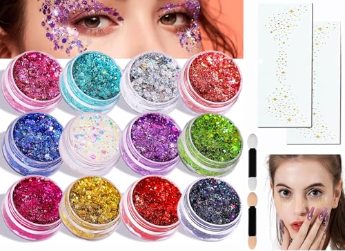 Gel de Purpurina Luminoso,Carnaval Glitter Maquillaje 12Colores Chunky Glitter Gel+2Pegatinas Maquillaje Con Flash Dorado,Brillantes para la Cara Festival,Corporal con Purpurina (12Colores)