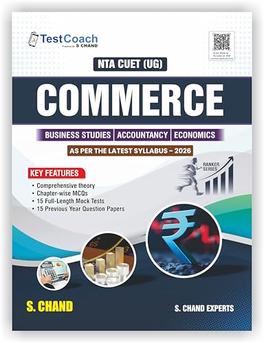 Image of TestCoach NTA CUET (UG) Commerce Book 2026 for Entrance Exam | Business Studies + Accountancy + Economics | Best Theory, MCQ, Mock Test Paper, 15 PYQ Previous Year Exams Question Papers (in English)