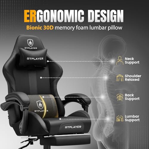 Image of GTPLAYER Gaming Chair with Foot Rest & Pocket Spring Cushion, Ergonomic High Back Computer Chair with Headrest & 360-Swivel Seat for Home Office Desk, PU Leather, Black