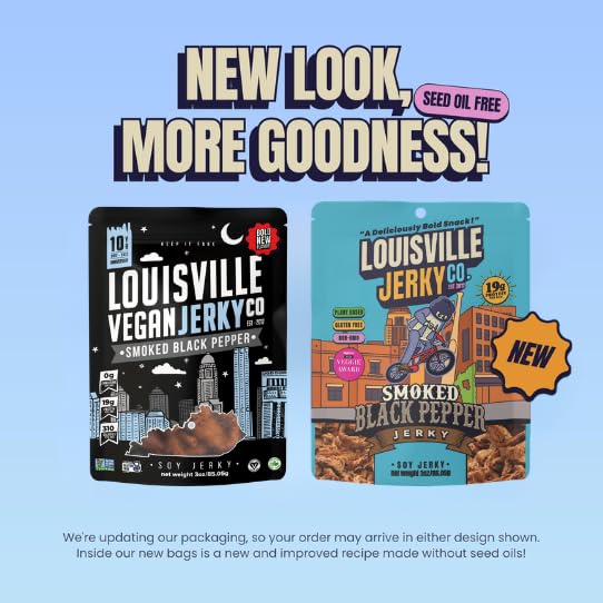 Image of Louisville Jerky Co. Smoked Black Pepper Vegan Jerky, 3 oz, 5-Pack | 5g Protein, Plant-Based Protein Snack, Vegetarian Jerky, Meatless, Savory, Ready-to-Eat, Vegan Beef Alternative, Travel Ready