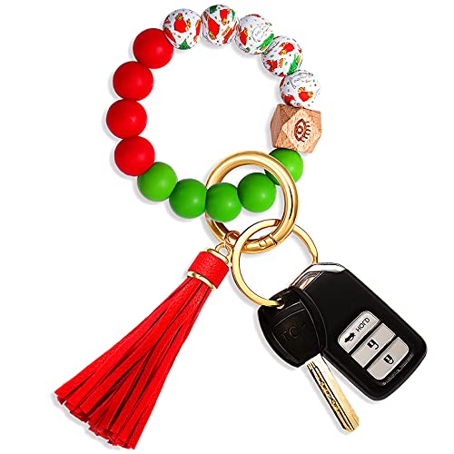 NVENF Silicone Key Ring Bracelet Beaded Wrislet Keychain Portable House Car Keys Ring Holder, Christmas 1, L
