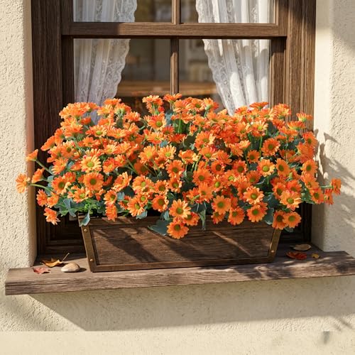 Image of HyeFlora Artificial Mums for Outdoors Fall Decor, 6 Bundles Fake Flowers UV Resistant Realistic Faux Flowers Bouquet Silk Flowers for Outside Planter Porch Patio Garden Yard Balcony Home, Orange