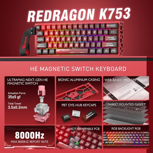 Image of Redragon K753 HE Rapid Trigger Gaming Keyboard, 60% 61 Keys Wired Mechanical Keyboard w /Hype-Red Hollowed-Out Aluminum Base, Next-Gen UltraMag 100% POM Silky Rappid Trigger Magnetic Switch