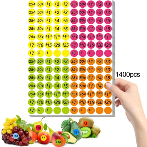 Garage Sale Price Stickers 1400 PCS 3/4 Inch Price Stickers for Yard Sales Flea Markets County Fairs & Retail Use Pricemarker Labels 4 Colours Round Price Tags