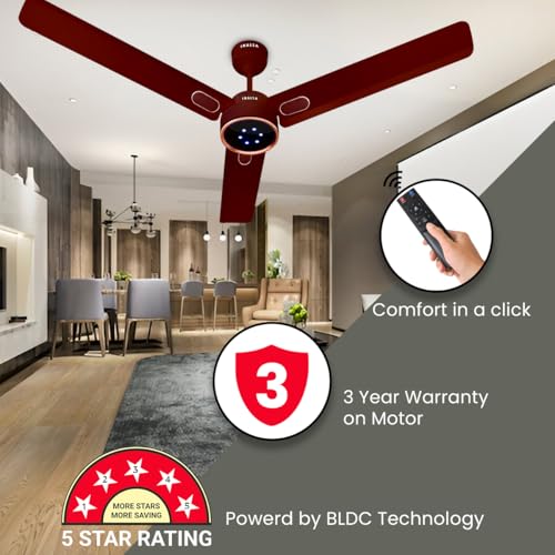 Image of INALSA BLDC Ceiling Fan 1200mm Aero Swift Luxe|Designer Fan with Remote Control Timer /Boost Mode|BEE 5 Star Rated Energy Efficient|Low Noise|Ultra High Speed|LED Indicator|3 Yr Warranty on Motor,Brown
