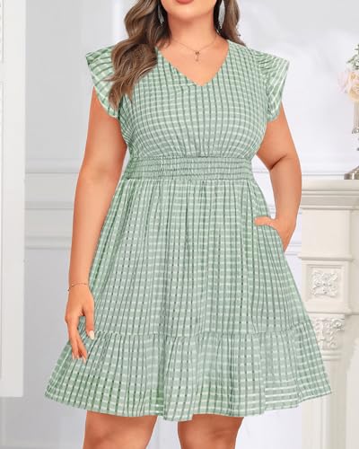 Image of Talisea Women's Plus Size Summer Dress - Casual V-Neck Flutter Sleeves A-Line Short Sun Dress with Pockets for Beach Vacation
