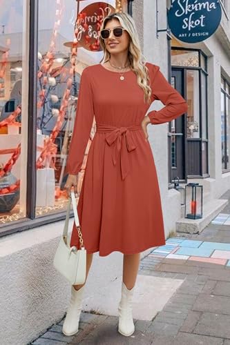 Image of Newshows Womens Long Sleeve Casual Dresses 2025 Business Work Teacher Fall Church Belted A Line Flowy Midi Dress