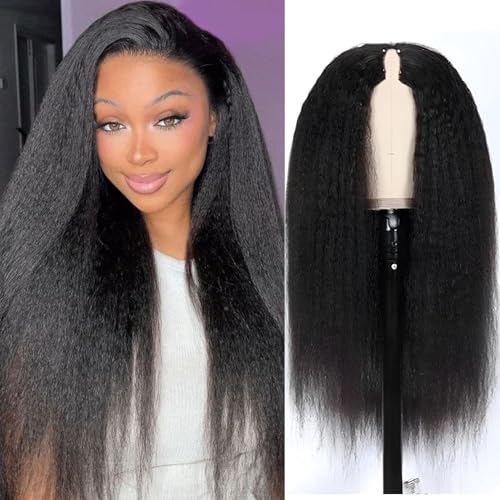 Forevermore V Part Wig Human Hair Kinky Straight Wig Human Hair For Women Glueless Yaki Straight Half Wigs For Black Women Human Hair Full Head Clips In No Leave Out Natural Color 180% Density 12 Inch