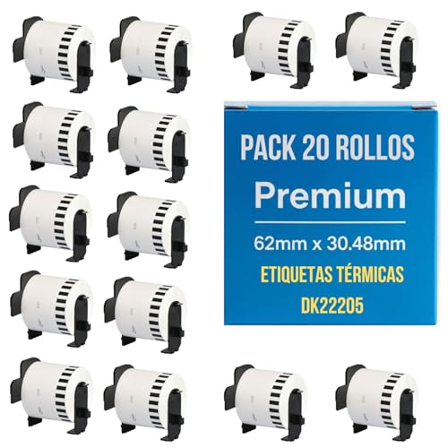20 Rollos de Etiquetas DK22205 compatible con Brother QL   Cinta Continua DK 22205 de Papel Térmico 62mm x 30.48m, para Impresoras QL 500 550 570 700 710W 720NW 800 810W 820NW