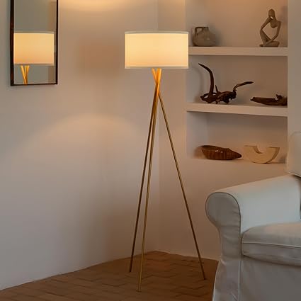 home sweet home collection Home Sweet Home Moderne gouden metalen vloerlamp | 53/53/138cm｜met E27 LED lichtbron 4W 2700K | Retro vloerlamp met statief Met witte lampenkap｜voor slaapkamer photo 2