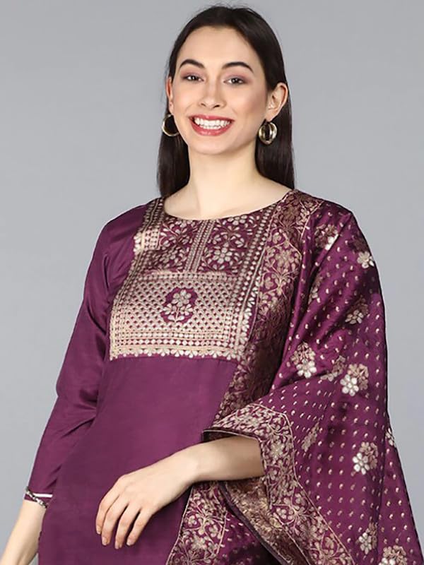 Image of Vaamsi Women's Poly Silk Ethnic Motifs Yoke Design Straight Kurta Set with Dupatta