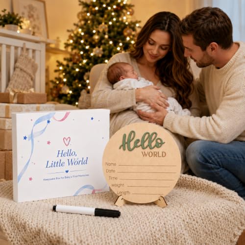 Image of Hello World Baby Announcement Sign Newborn Welcome Plaque Box Set