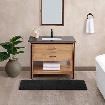 1 Piece Super Absorbent Rectangle Non-Slip Chenille Bathroom Rug 24" L X 60" W | Solid Jet Black Color Stain & Fade Resistant Soft Thick Plush Shaggy Pile Washable Quick Dry Bath Mat