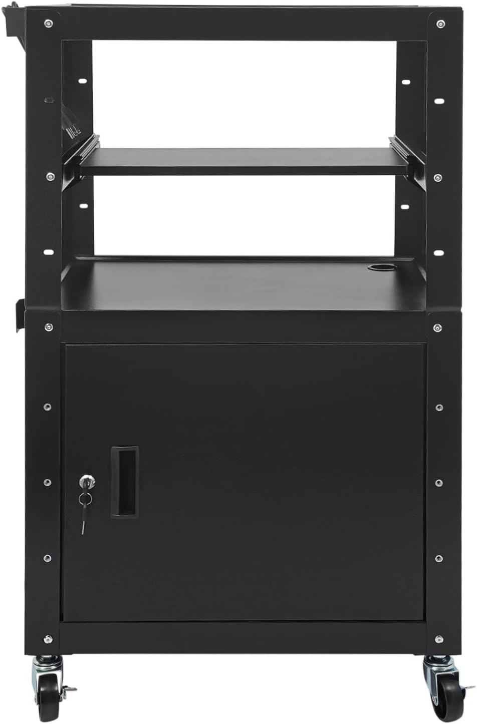 Mobile AV Cart with Locking Cabinet, Adjustable Height Rolling Computer Cart with Pull-Out Keyboard Tray, Media Cart for Classroom, Office, Projector