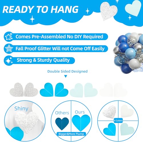 Image of Light-Blue White-Silver Party-Decoration Heart Garland - 39Ft Baby Boy Shower Birthday Streamers Graduation Bachelorette Bridal Christmas Wedding Banner Decor