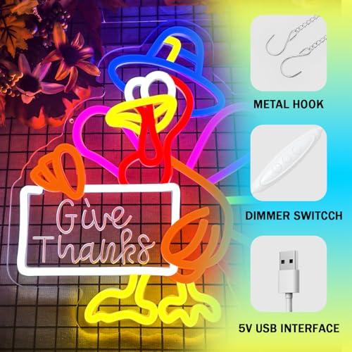 Image of Thanksgiving Neon Sign Thanksgiving Turkey Neon Sign Dimmable Turkey Neon Light for Wall Decor Give Thanks Sign for Home Bar Front Door Thanksgiving Decorations
