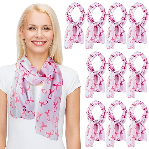 Xtinmee 10 Pcs Women's Pink Ribbon Scarf Breast Cancer Awareness 60 x 13 Inch Breast Cancer Symbol Scarf Print Lightweight Breast Cancer Shawl Accessories for Women Girls Neck Head Gift