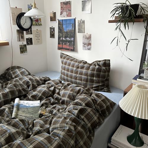 Image of MKXI Twin Size Blue, Brown & Green Buffalo Plaid Duvet Cover Set - 3 Piece Vintage Aesthetic Bedding Set, 100% Washed Cotton, Minimalist Design, Soft & Breathable Duvet Cover with Zipper Closure