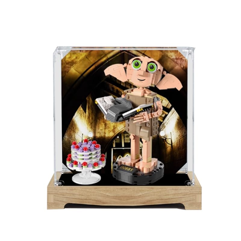 Vitrina acrílica transparente para Lego HP 76421 aplicable para Dobby el elfo casero, caja de regalo (solo vitrina) (fondo de madera + fondo)