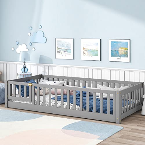 Image of Tatub Twin Floor Bed with Rails and Door and Slats, Montessori Bed Frame for Girls and Boys, Wood Montessori Floor Bed for Kids, Grey