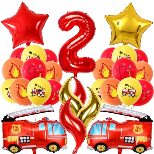Feuerwehr Geburtstag Deko 2 Jahre 21 Stück, Feuerwehrauto 2 Geburtstag Luftballon, Kindergeburtstag Feuerwehrauto Deko, Feuerwehrmann Geburtstagsdeko, Geburtstagsdeko 2 Jahre Junge