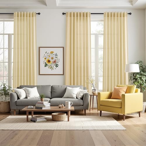 Image of Nanspring Linen Curtains 84 Inches Long for Living Room Semi Sheer Light Filtering Curtain Back Tab Boho Neutral Modern Farmhouse Window Drapes for Bedroom Cream Yellow 52x84 2 Panels