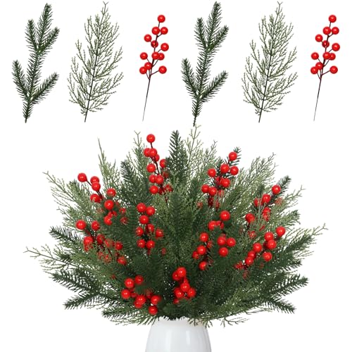 ASTNIC 40pcs Branche de Sapin Branches de Pin Artificielles avec Baie Rouge Deco Noel, Houx Artificiel pour Arbre de noël Guirlande de Noël Decoration de la Maison Artisanat de Vacances décoration
