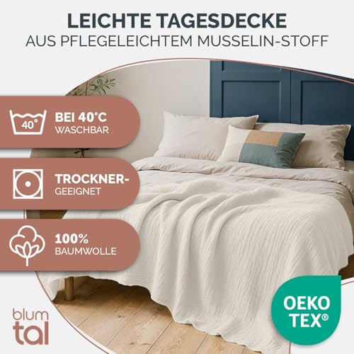 Blumtal Tagesdecke Baumwolle 150x200 cm - Musselin Decke Oeko-TEX zert. - Bettüberwurf 150x200 - Couch Überwurf - leichte Kuscheldecke Baumwolle 100% - Couchdecke Überwurf - Throw Blanket Ivory