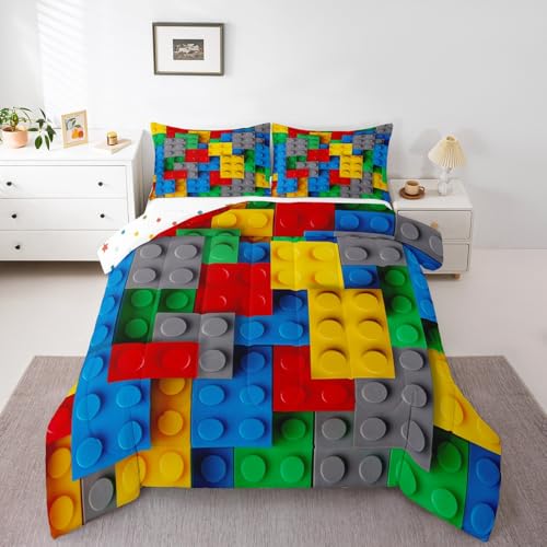 Erosebridal LWH24075BZWTTWIN Construction Twin Comforter Set For Boys,Colorful Bedding Set 3D Building Blocks Quilt,Kids Brick Duvet Insert Rainbow Gradient Room Decor thumb #2