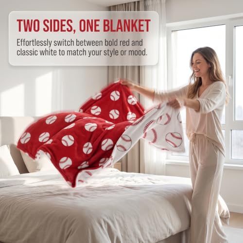 Image of Ultra Soft Cozy Happy Baseball Sports Knitted Throw Blanket Fluffy Microfiber Bed Blanket Lightweight Both Sides Blanket for Couch Sofa Bed Red
