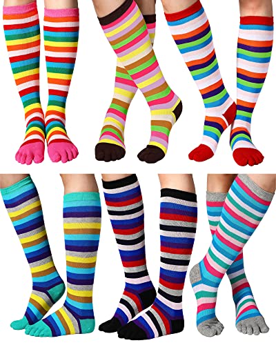 6 Pairs Rainbow Toe Socks Women Lgbt Pride Cotton Knee Thigh High Long Socks with Toes Separated Striped Leg Warmers (Black, Grey, Pink, Red, Coffee, Green)