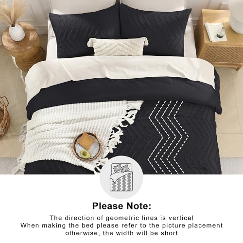 Image of Andency Black Comforter Queen, Boho Soft Fluffy Warm Lightweight Bedding Comforter Sets for Queen Bed, 3 Pieces Chevron Tufted Aesthetic Microfiber Lightweight Comforter Set