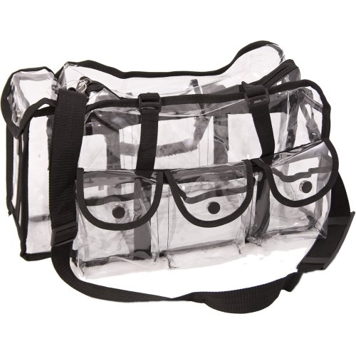 Heavy Duty Clear See Through Vinyl 6 External Pockets Shoulder Strap Makeup Artist Cosmetics Accessories Supply Storage Travel Organizer Carrying Case Bag